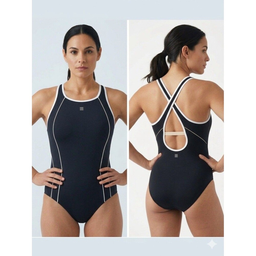 Lands' End Tugless X-Back Swimsuit Black White Piping EUC Size 14 Sporty - Picture 13 of 13